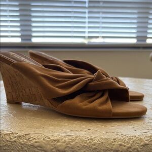 Lulu's Tan Wedge Sandals with Cork Heel and Bow Detail